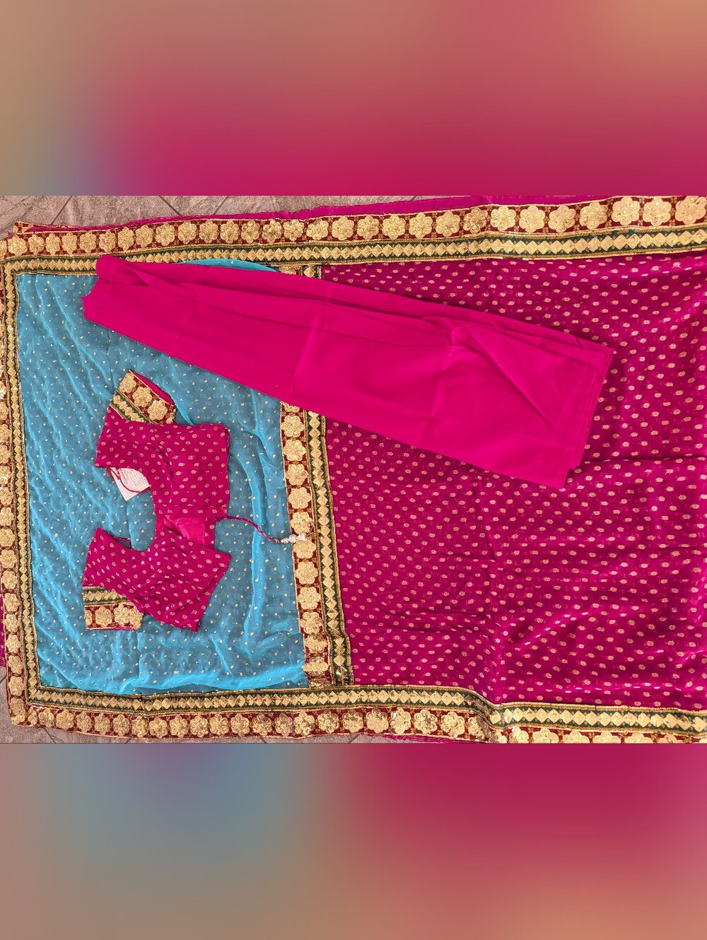 Bright Pink and Teal Indian Saree with Gold Embroidery